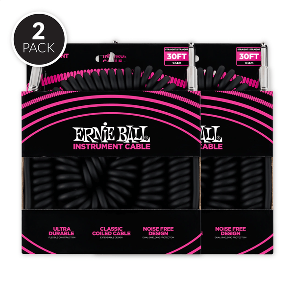 Ernie Ball 30' Coiled Straight / Straight Instrument Cable - Black ( 2 Pack Bundle )