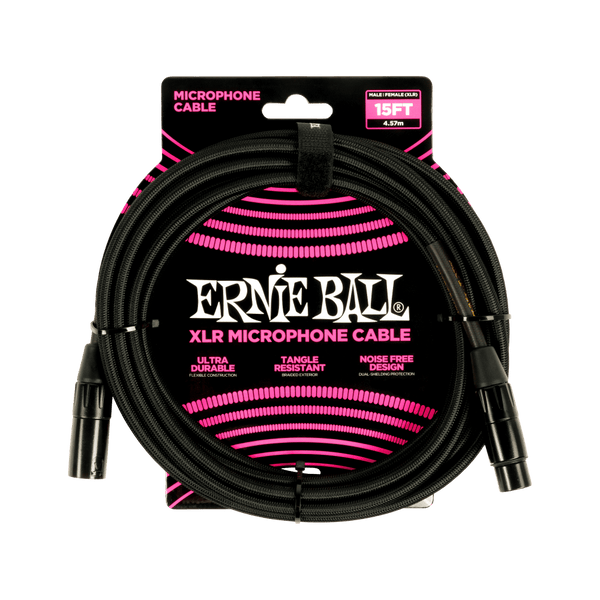 Ernie Ball Braided XLR Microphone Cable Male/Female 15ft - Black