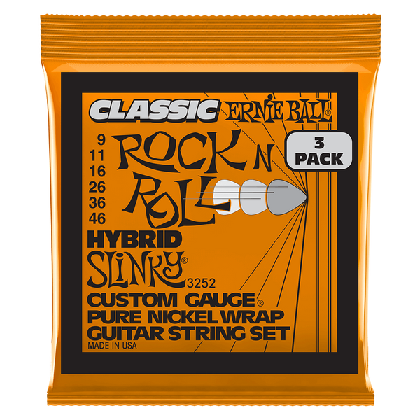 Ernie Ball Hybrid Slinky Classic Rock N Roll Pure Nickel Warp Electric Guitar Strings 9-46 Gauge - 3 Pack