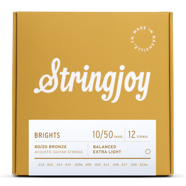 Stringjoy Brights | 12 String Extra Light Gauge (10-50) 80/20 Bronze Acoustic Guitar Strings