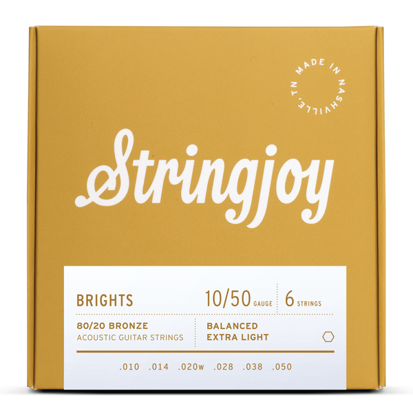 Stringjoy Brights | Extra Light Gauge (10-50) 80/20 Bronze Acoustic Guitar Strings