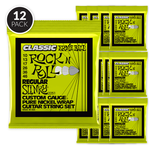 Ernie Ball Regular Slinky Classic Rock n Roll Pure Nickel Wrap Electric Guitar Strings - 10-46 Gauge ( 12 Pack Bundle )