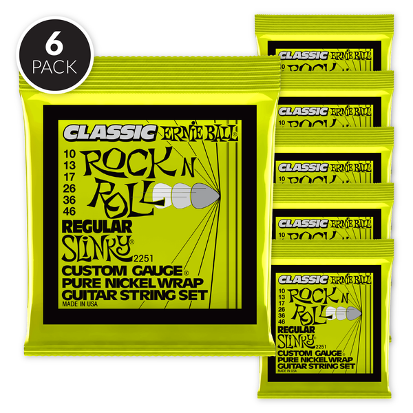 Ernie Ball Regular Slinky Classic Rock n Roll Pure Nickel Wrap Electric Guitar Strings - 10-46 Gauge ( 6 Pack Bundle )