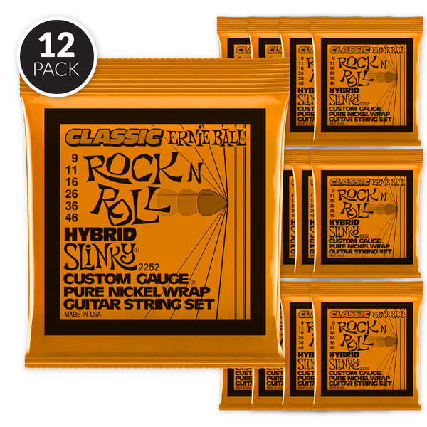 Ernie Ball Hybrid Slinky Classic Rock n Roll Pure Nickel Wrap Electric Guitar Strings - 9-46 Gauge ( 12 Pack Bundle )