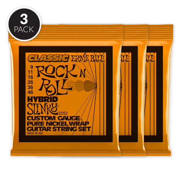 Ernie Ball Hybrid Slinky Classic Rock n Roll Pure Nickel Wrap Electric Guitar Strings - 9-46 Gauge ( 3 Pack Bundle )