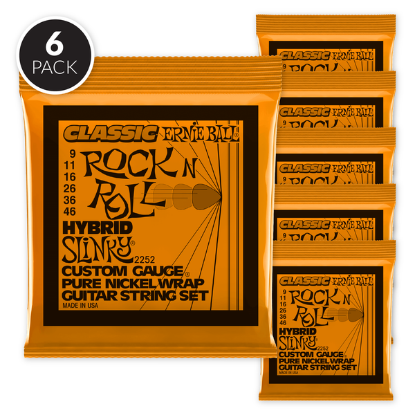 Ernie Ball Hybrid Slinky Classic Rock n Roll Pure Nickel Wrap Electric Guitar Strings - 9-46 Gauge ( 6 Pack Bundle )