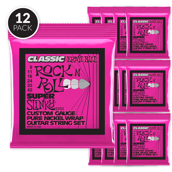 Ernie Ball Super Slinky Classic Rock n Roll Pure Nickel Wrap Electric Guitar Strings - 9-42 Gauge ( 12 Pack Bundle )