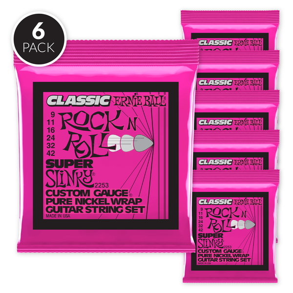 Ernie Ball Super Slinky Classic Rock n Roll Pure Nickel Wrap Electric Guitar Strings - 9-42 Gauge ( 6 Pack Bundle )