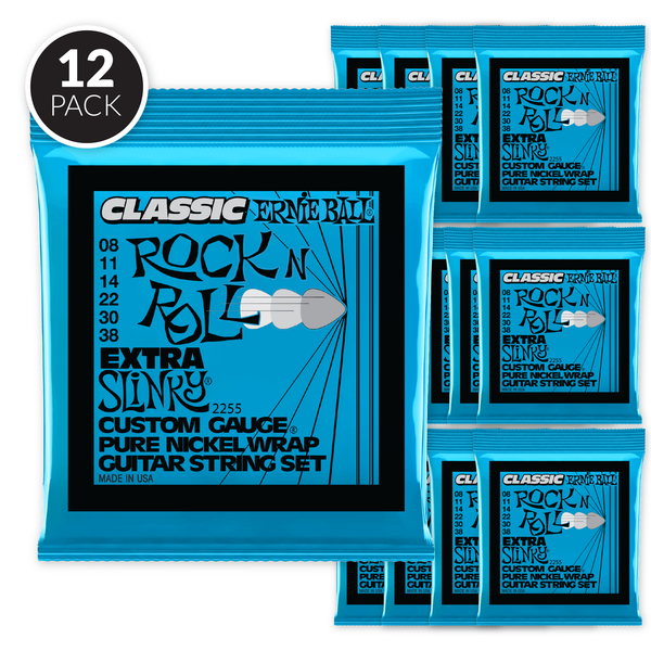 Ernie Ball Extra Slinky Classic Rock n Roll Pure Nickel Wrap Electric Guitar Strings - 8-38 Gauge ( 12 Pack Bundle )