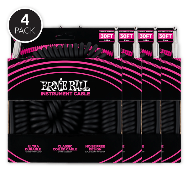 Ernie Ball 30' Coiled Straight / Straight Instrument Cable - Black ( 4 Pack Bundle )
