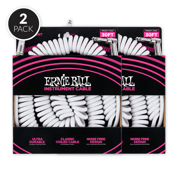 Ernie Ball 30' Coiled Straight / Angle Instrument Cable - White ( 2 Pack Bundle )