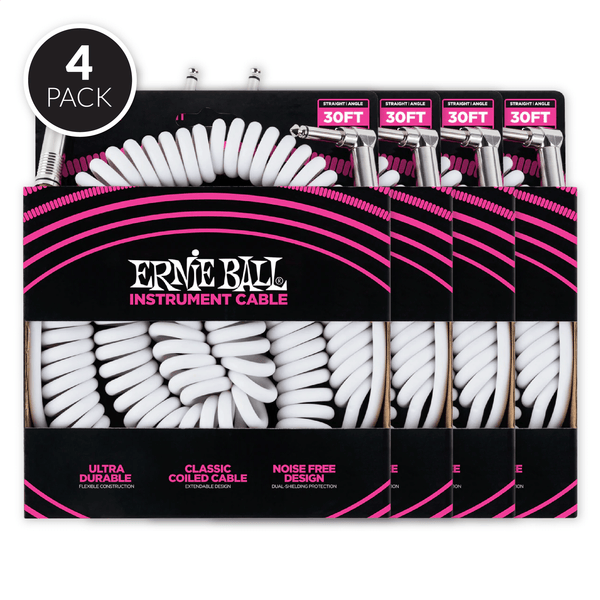 Ernie Ball 30' Coiled Straight / Angle Instrument Cable - White ( 4 Pack Bundle )