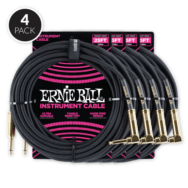 Ernie Ball 25' Braided Straight / Angle Instrument Cable - Black ( 4 Pack Bundle )