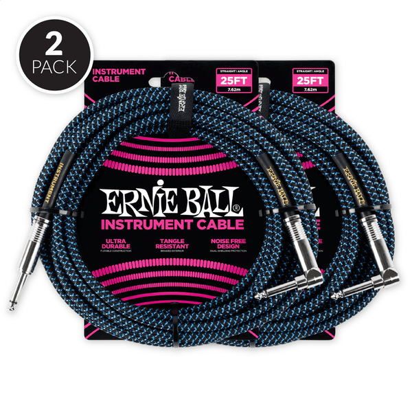 Ernie Ball 25' Braided Straight / Angle Instrument Cable - Black / Blue ( 2 Pack Bundle )