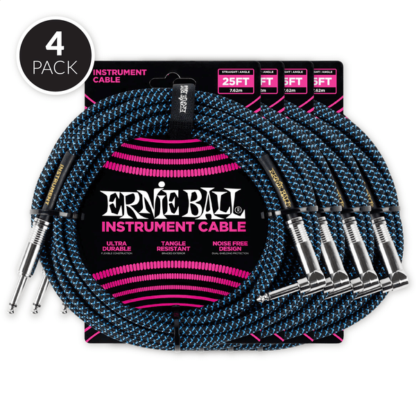Ernie Ball 25' Braided Straight / Angle Instrument Cable - Black / Blue ( 4 Pack Bundle )