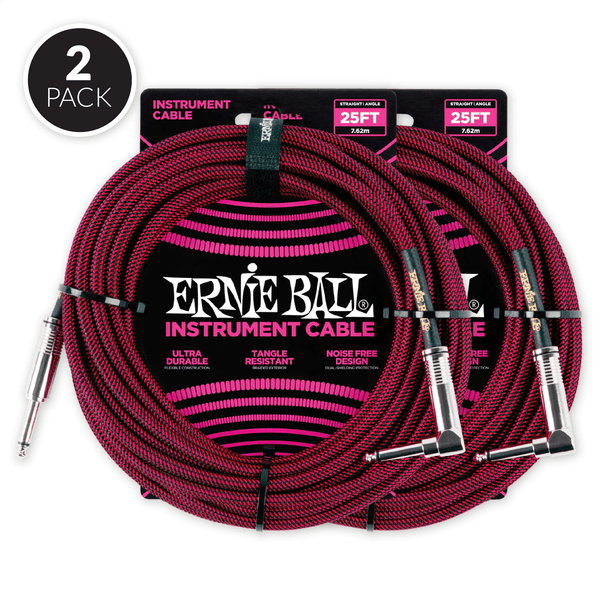Ernie Ball 25' Braided Straight / Angle Instrument Cable - Black / Red ( 2 Pack Bundle )