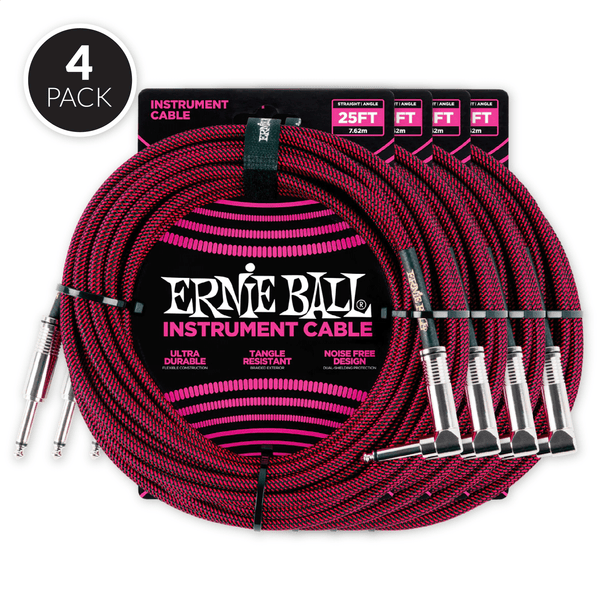 Ernie Ball 25' Braided Straight / Angle Instrument Cable - Black / Red ( 4 Pack Bundle )