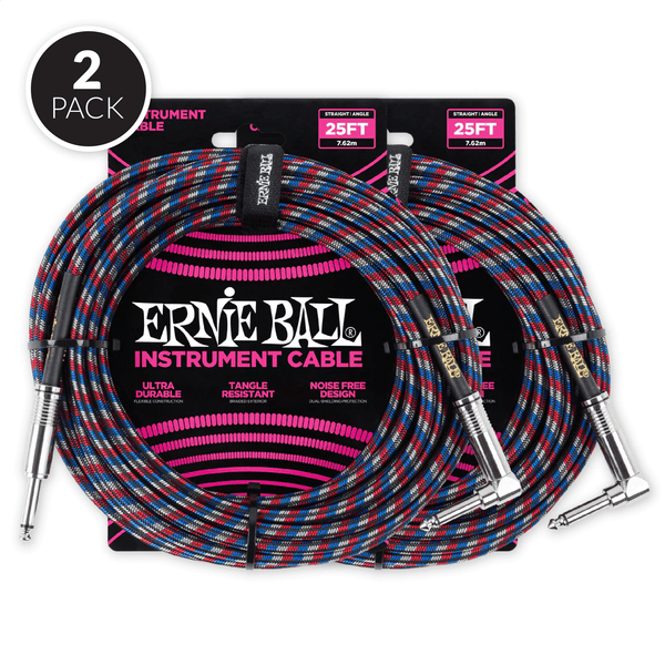 Ernie Ball 25' Braided Straight / Angle Instrument Cable - Black / Red / Blue / White ( 2 Pack Bundle )