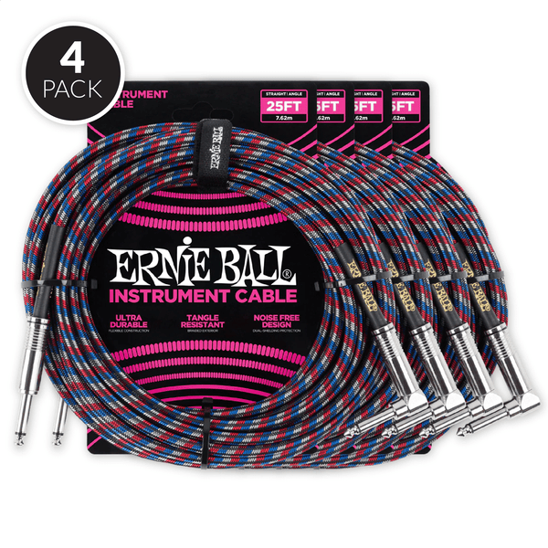 Ernie Ball 25' Braided Straight / Angle Instrument Cable - Black / Red / Blue / White ( 4 Pack Bundle )