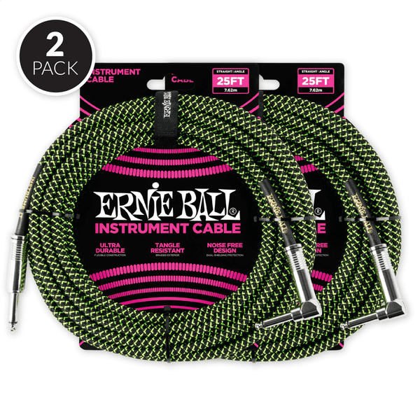 Ernie Ball 25' Braided Straight / Angle Instrument Cable - Black / Green ( 2 Pack Bundle )