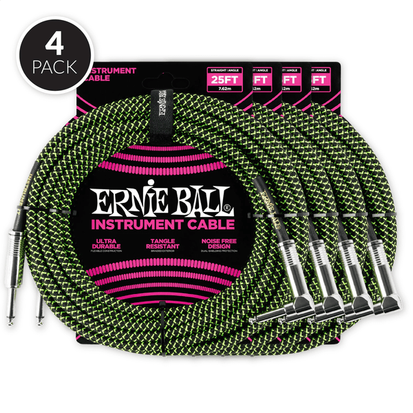 Ernie Ball 25' Braided Straight / Angle Instrument Cable - Black / Green ( 4 Pack Bundle )