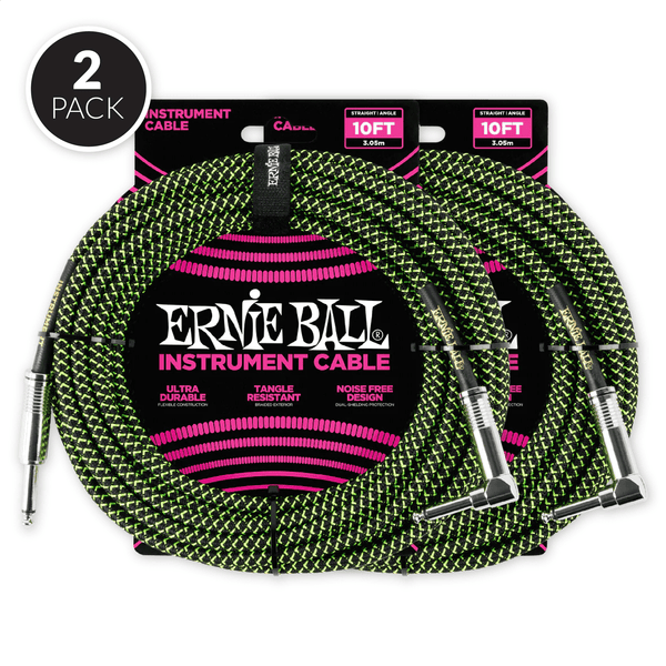 Ernie Ball 10' Braided Straight / Angle Instrument Cable - Black / Green ( 2 Pack Bundle )