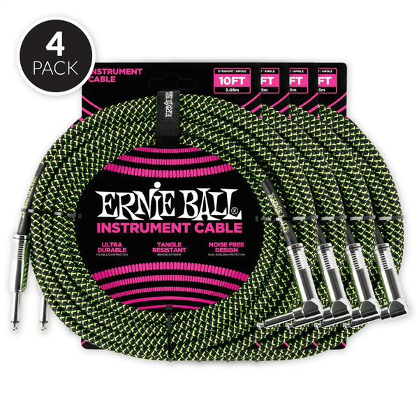 Ernie Ball 10' Braided Straight / Angle Instrument Cable - Black / Green ( 4 Pack Bundle )