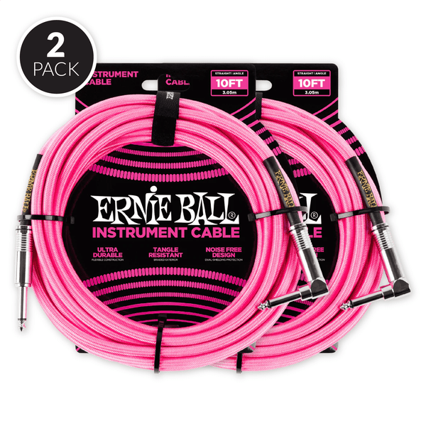 Ernie Ball 10' Braided Straight / Angle Instrument Cable - Neon Pink ( 2 Pack Bundle )
