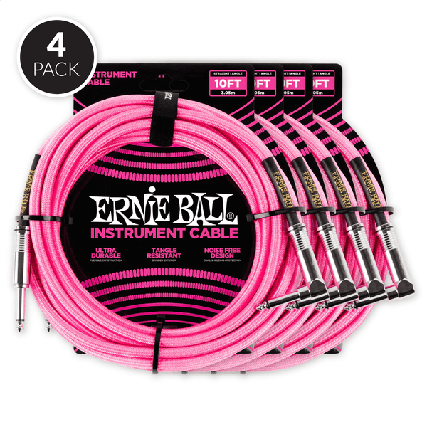 Ernie Ball 10' Braided Straight / Angle Instrument Cable - Neon Pink ( 4 Pack Bundle )