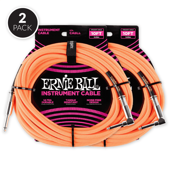 Ernie Ball 10' Braided Straight / Angle Instrument Cable - Neon Orange ( 2 Pack Bundle )