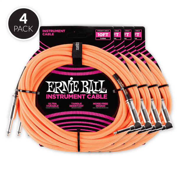 Ernie Ball 10' Braided Straight / Angle Instrument Cable - Neon Orange ( 4 Pack Bundle )