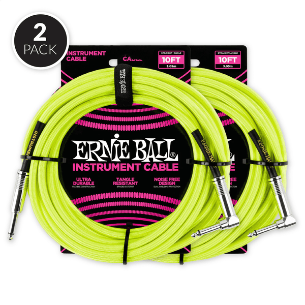Ernie Ball 10' Braided Straight / Angle Instrument Cable - Neon Yellow ( 2 Pack Bundle )