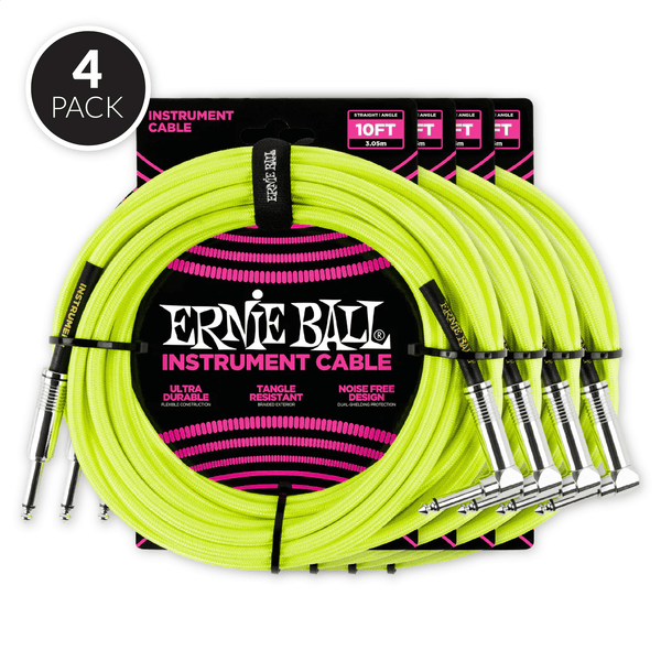 Ernie Ball 10' Braided Straight / Angle Instrument Cable - Neon Yellow ( 4 Pack Bundle )
