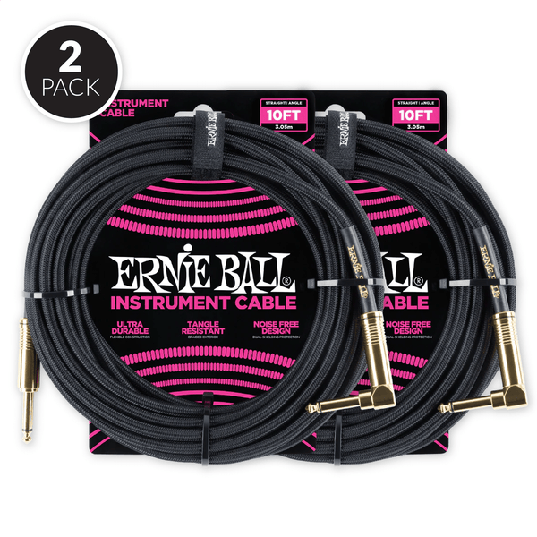 Ernie Ball 10' Braided Straight / Angle Instrument Cable - Black ( 2 Pack Bundle )