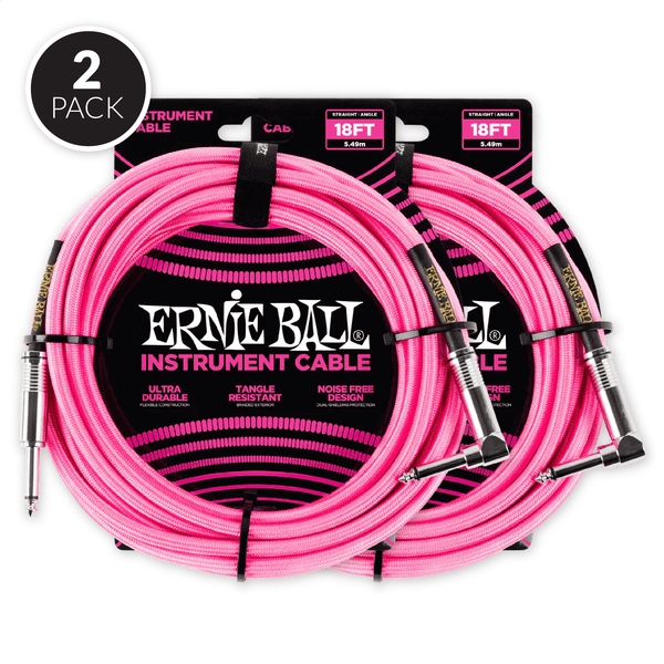 Ernie Ball 18' Braided Straight / Angle Instrument Cable - Neon Pink ( 2 Pack Bundle )