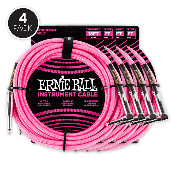Ernie Ball 18' Braided Straight / Angle Instrument Cable - Neon Pink ( 4 Pack Bundle )