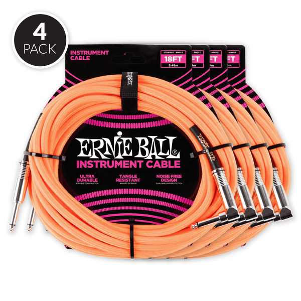 Ernie Ball 18' Braided Straight / Angle Instrument Cable - Neon Orange ( 4 Pack Bundle )