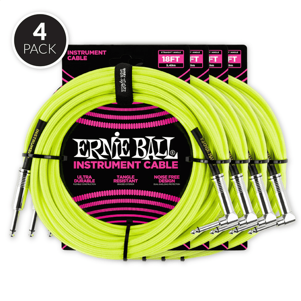 Ernie Ball 18' Braided Straight / Angle Instrument Cable - Neon Yellow ( 4 Pack Bundle )