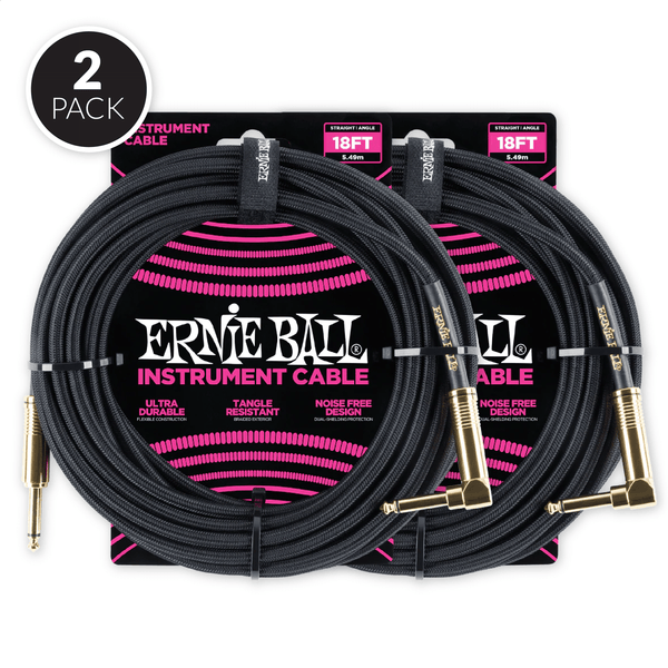 Ernie Ball 18' Braided Straight / Angle Instrument Cable - Black ( 2 Pack Bundle )
