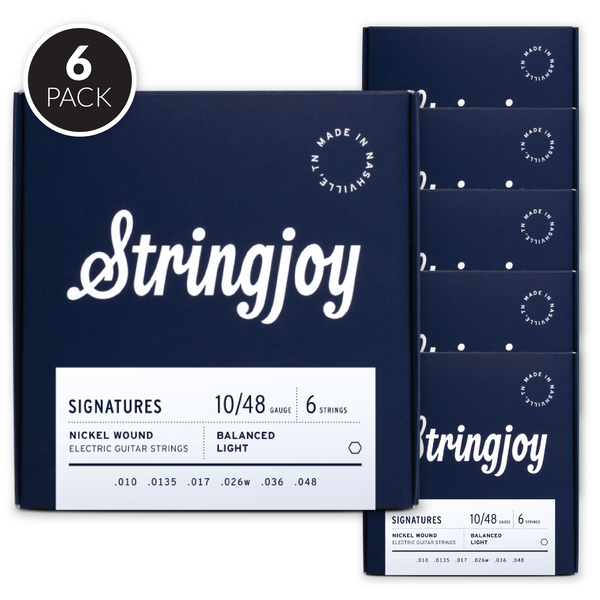 Stringjoy Signatures | Balanced Light Gauge (10-48) Nickel Wound Electric Guitar Strings ( 6 Pack Bundle )