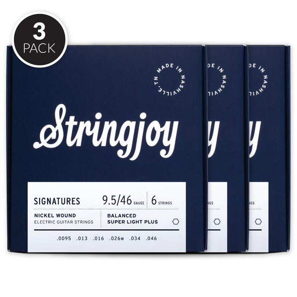 Stringjoy Signatures | Balanced Super Light Plus Gauge (9.5-46) Nickel Wound Electric Guitar Strings ( 3 Pack Bundle )
