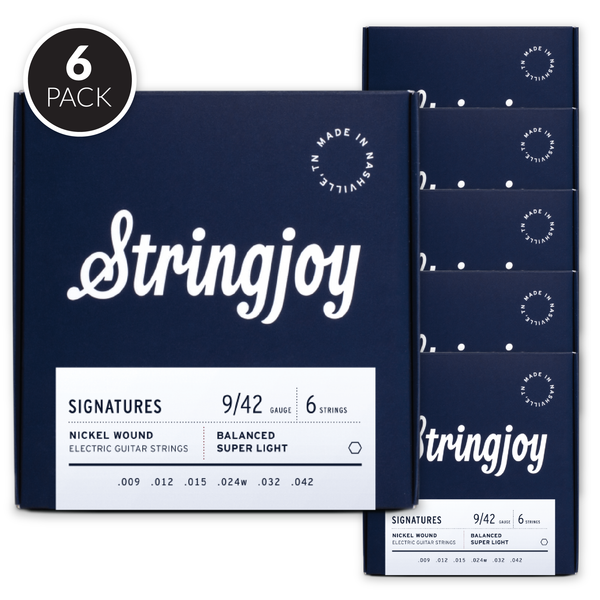 Stringjoy Signatures | Balanced Super Light Gauge (9-42) Nickel Wound Electric Guitar Strings ( 6 Pack Bundle )