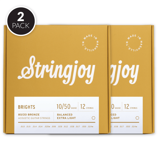 Stringjoy Brights | 12 String Extra Light Gauge (10-50) 80/20 Bronze Acoustic Guitar Strings ( 2 Pack Bundle )