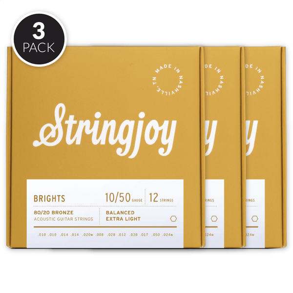 Stringjoy Brights | 12 String Extra Light Gauge (10-50) 80/20 Bronze Acoustic Guitar Strings ( 3 Pack Bundle )