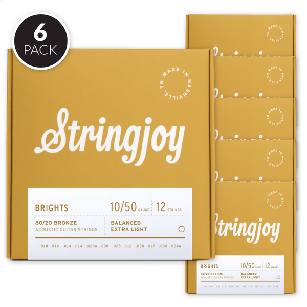 Stringjoy Brights | 12 String Extra Light Gauge (10-50) 80/20 Bronze Acoustic Guitar Strings ( 6 Pack Bundle )