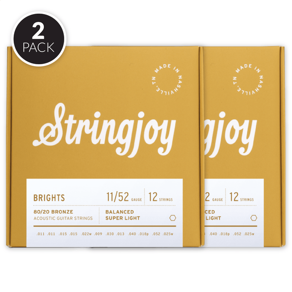 Stringjoy Brights | 12 String Super Light Gauge (11-52) 80/20 Bronze Acoustic Guitar Strings ( 2 Pack Bundle )