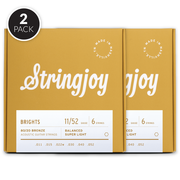 Stringjoy Brights | Super Light Gauge (11-52) 80/20 Bronze Acoustic Guitar Strings ( 2 Pack Bundle )