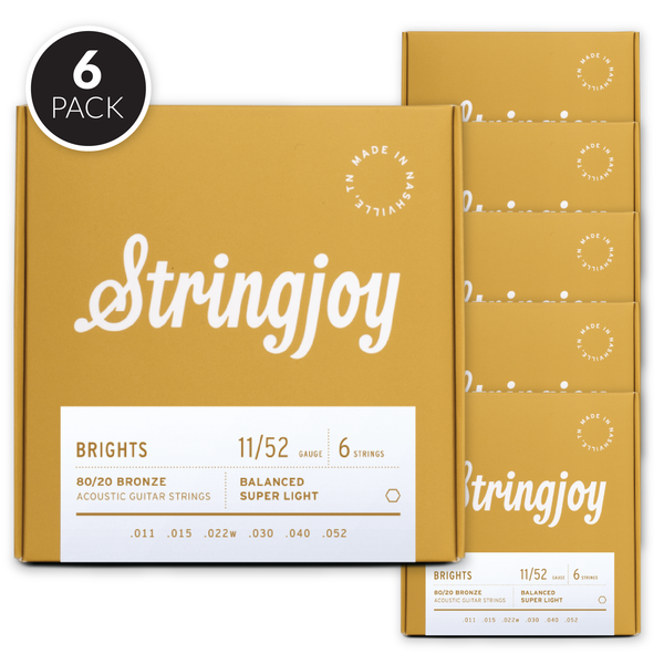 Stringjoy Brights | Super Light Gauge (11-52) 80/20 Bronze Acoustic Guitar Strings ( 6 Pack Bundle )