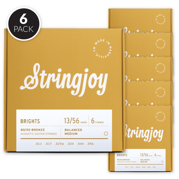 Stringjoy Brights | Medium Gauge (13-56) 80/20 Bronze Acoustic Guitar Strings ( 6 Pack Bundle )