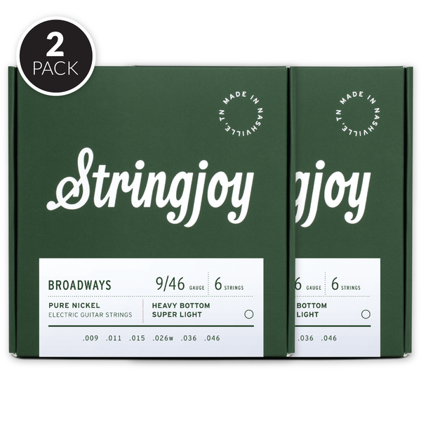 Stringjoy Broadways | Heavy Bottom Super Light Gauge (9-46) Pure Nickel Electric Guitar Strings ( 2 Pack Bundle )